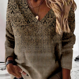 Women's V Neck Ombre Casual Spring/Fall Long Sleeve Sweatshirt, JustFashionNow Sweatshirts & Hoodies, color:Brown|size:XXL,
