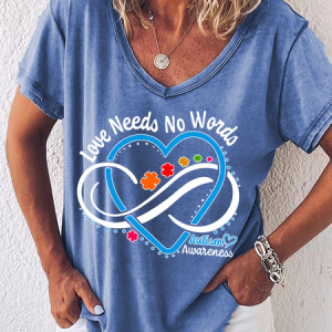 Autism Awareness Love Need V Neck Cotton-Blend T-Shirt, T-shirts, Lilicloth.com