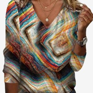 Women's Long Sleeve Tee T-shirt Spring/Fall Abstract Jersey V Neck Daily Going Out Casual Top, JustFashionNow T-Shirts, color:Multicolor|size:XXL,
