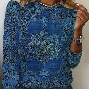 Women's Long Sleeve Tee T-shirt Spring/Fall Ethnic Jersey Crew Neck Holiday Going Out Casual Top, JustFashionNow T-Shirts, color:Blue|size:XXL,