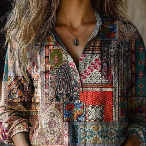 Women's Ethnic Art Floral Print Long Sleeve Shirt, Blouses, Lilicloth.com