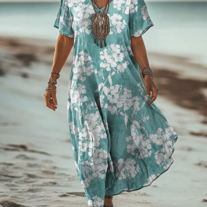 Women's Floral Short Sleeve Summer Printing Dress V Neck Daily Casual Maxi T-Shirt Dress H-Line Dress, JustFashionNow Casual Dresses, color:Blue|size:4XL,