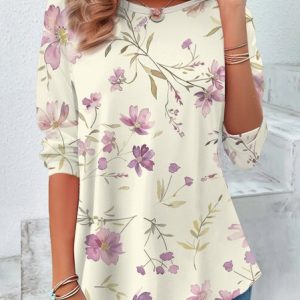 Women's Long Sleeve Tee T-shirt Spring/Fall Floral Jersey Crew Neck Daily Going Out Casual Top, JustFashionNow T-Shirts, color:Purple|size:XXL,