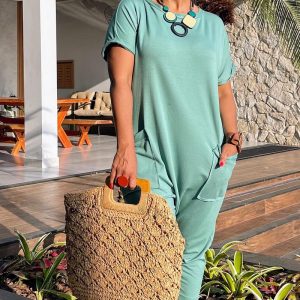 Round Neck Short Sleeve Pocket Design Jumpsuit Casual Loose Fit Harem Capris Romper, women Jumpsuits, ChicMe catalog