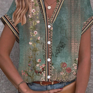 V Neck Short Sleeve Floral Printing Regular Micro-Elasticity Regular Fit Button Up Shirt Shirt For Women, Shirts, color:Green|size:4XL, catalog Noracora shop