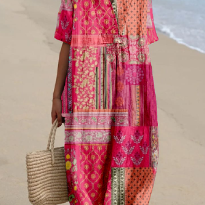 Cotton-Blend Multicolor Block Casual Dress With No, Dresses, Lilicloth.com