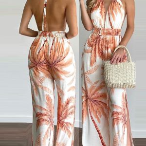 Tropical Print Halter Backless Side Slit Jumpsuit, women Jumpsuits, ChicMe catalog