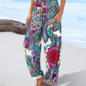 Tribal Print Shirred High Waist Cinched Hem Long Pants Vacation Pants with Pocket, women Pants, ChicMe catalog