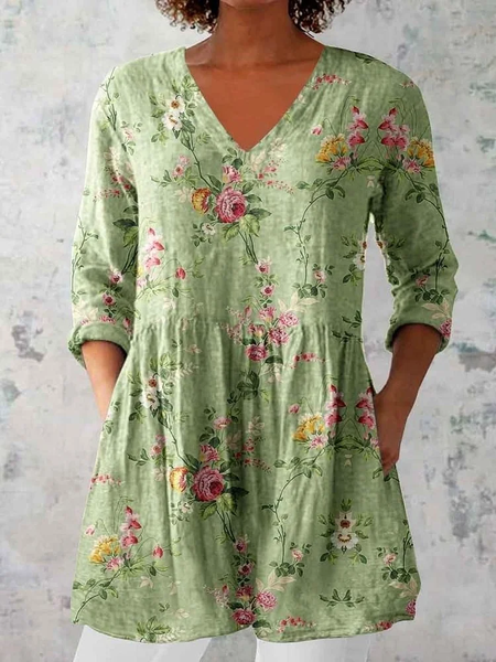 Women's Floral Half Sleeve Blouse_ Summer Printing V Neck Daily Casual Top, JustFashionNow Blouses, color:Green|size:4XL