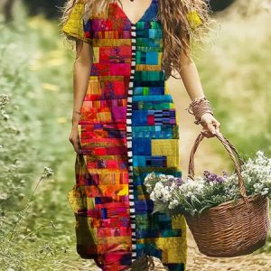 Women Geometric V Neck Short Sleeve Comfy Casual Maxi Dress, Maxi, color:Red|size:4XL, catalog Noracora shop