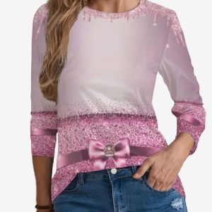 Women's Pink Bow Print Holiday Long Sleeve Crew Neck T-shirt, JustFashionNow T-Shirts, color:Pink|size:XXL,