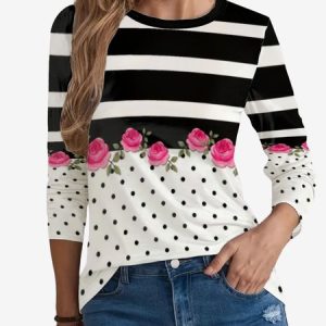 Women's Long Sleeve Tee T-shirt Spring/Fall Striped Jersey Crew Neck Holiday Going Out Casual Top, JustFashionNow T-Shirts, color:Black|size:XXL,