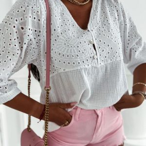 Eyelet Embroidery V-Neck Long Sleeve Blouse Casual Button Front Top, women Blouses & Shirts, ChicMe catalog