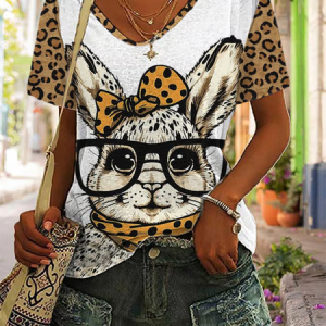 Women's Easter Cute Bunny Leopard Print Casual Cotton Blend V-Neck T-Shirt, T-shirts, Lilicloth.com