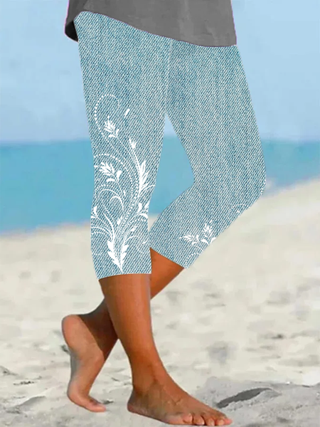 Women's Floral Spring Print Casual Faux Denim Leggings, Pants, Lilicloth.com - Image 2