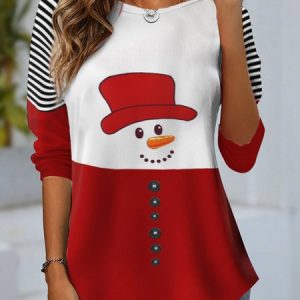 Women's Long Sleeve Tee T-shirt Spring/Fall Striped Jersey Crew Neck Daily Going Out Casual Top, JustFashionNow T-Shirts, color:Red|size:XXL,
