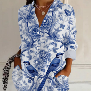 Women's Long Sleeve Shirt Spring/Fall Floral Shirt Collar Daily Going Out Casual Top, JustFashionNow Shirts, color:Blue|size:XXL,