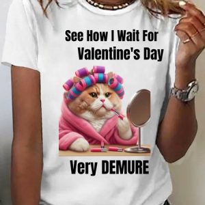 Women's Valentine's Day Funny Cat Demure Short Sleeve Crew Neck T-shirt, JustFashionNow T-Shirts, color:White|size:XXL,