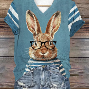 Women's glasses striped T-shirt rabbit print V-neck T-shirt, T-shirts, Lilicloth.com