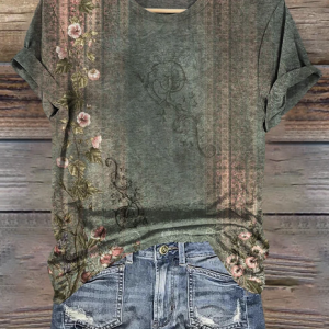 Vintage Casual Floral Print Crew Neck Short Sleeve T-shirt, T-shirts, color:Green|size:4XL, catalog Noracora shop