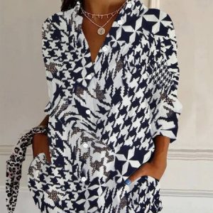 Women's Long Sleeve Shirt Spring/Fall Geometric Shirt Collar Holiday Going Out Casual Top, JustFashionNow Shirts, color:Black|size:XXL,