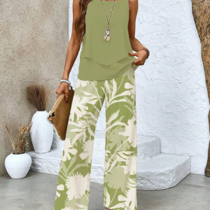 Women Floral Crew Neck Sleeveless Comfy Casual Printing Top With Pants Two-Piece Set, Sets, color:Green|size:XXL, catalog Noracora shop
