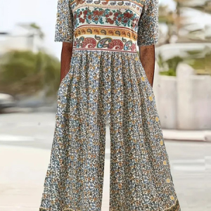 Women's Floral V Neck Short Sleeve Casual Summer Jumpsuit, JustFashionNow Jumpsuits＆Rompers, color:Multicolor|size:XXL,