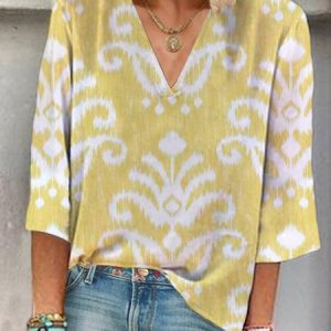Women's Three Quarter Sleeve Blouse Spring/Fall Floral Printing V Neck Daily Going Out Casual Top, JustFashionNow T-Shirts, color:Yellow|size:XXL