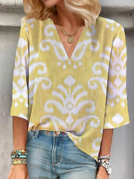 Women's Three Quarter Sleeve Blouse Spring/Fall Floral Printing V Neck Daily Going Out Casual Top, JustFashionNow T-Shirts, color:Yellow|size:XXL,