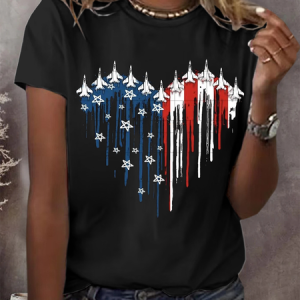 Women Independence Day (Flag) Short Sleeve Tee T-shirt Crew Neck Printing Casual Summer Graphic Tee Top, JustFashionNow T-Shirts, color:Black|size:XXL