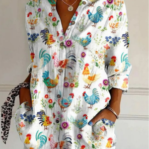 Women Geometric Long Sleeve Shirt Spring/Fall Shirt Collar Daily Casual Top, JustFashionNow Blouses, color:White|size:4XL,