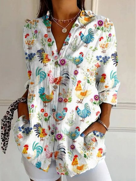 Women Geometric Long Sleeve Shirt Spring/Fall Shirt Collar Daily Casual Top, JustFashionNow Blouses, color:White|size:4XL,