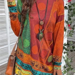 Women's Long Sleeve Tee T-shirt Spring/Fall Geometric Printing Jersey Crew Neck Daily Going Out Vintage Top, JustFashionNow Shirts & Blouses, color:Red|size:XXL,