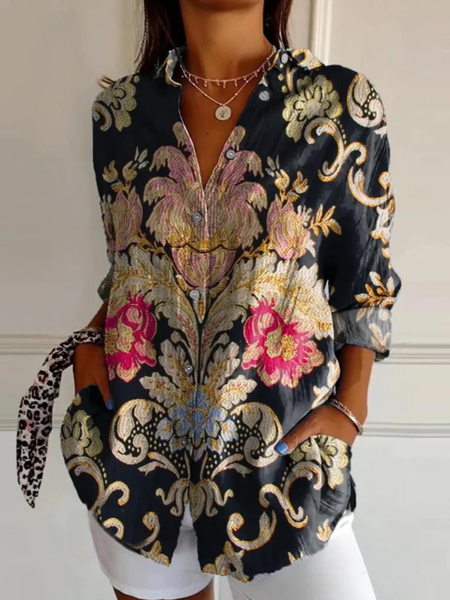 Women Ethnic Shirt Collar Long Sleeve Shirt Casual Daily Spring/Fall Top, JustFashionNow Blouses, color:Multicolor|size:4XL