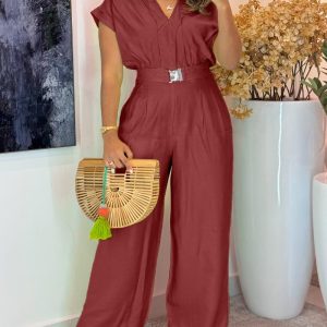 V-Neck Short Sleeve Corset Metal-Buckle Wide-Leg Jumpsuit, women Jumpsuits, ChicMe catalog