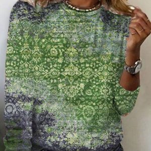 Women's Long Sleeve Tee T-shirt Spring/Fall Ethnic Jersey Crew Neck Holiday Going Out Casual Top, JustFashionNow T-Shirts, color:Green|size:M,