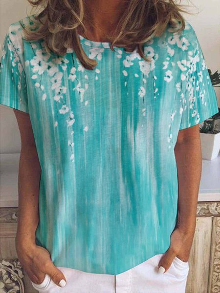 Casual Abstract Floral Print Crew Neck T-Shirt, T-shirts, Lilicloth.com - Image 2