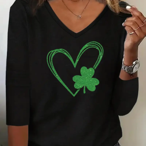Women's Shamrock Long Sleeve Tee T-shirt V Neck Printing Casual Spring/Fall Top, JustFashionNow T-Shirts, color:Black|size:3XL