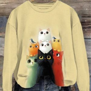Women's Crew Neck Cat Casual Spring/Fall Cotton Long Sleeve Sweatshirt, JustFashionNow Sweatshirts & Hoodies, color:Yellow|size:5XL,