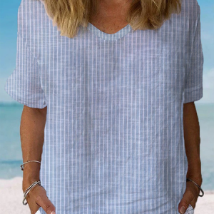 Women Striped Short Sleeve Blouse Summer Crew Neck Daily Casual Top, JustFashionNow Blouses, color:Blue|size:XXL,
