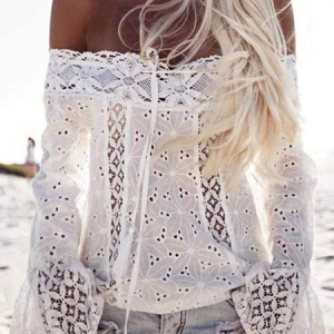 Women's Long Sleeve Blouse Spring/Fall Plain Split Joint Cotton Cold Shoulder Bell Sleeve Daily Going Out Boho Top, JustFashionNow Shirts, color:White|size:XXL,