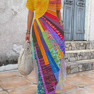 Women's Hippie Short Sleeve Summer Printing Dress V Neck Daily Vintage Maxi T-Shirt Dress H-Line Dress, JustFashionNow Casual Dresses, color:As Picture|size:4XL,