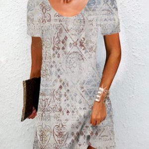Women's Short Sleeve Summer Ethnic Jersey Dress Crew Neck Vacation Going Out Casual Mini H-Line TUNIC, JustFashionNow Dresses, color:White|size:XXL,