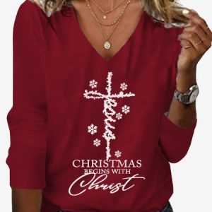 Women's Long Sleeve Tee T-shirt Spring/Fall Text Letters Jersey V Neck Daily Going Out Casual Top, JustFashionNow T-Shirts, color:Wine Red|size:XXL,