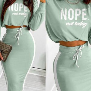 2 Pieces Outfit NOPE. not today Slogan Print Long Sleeve Stretchy Hem Crop Top and Casual Contrast Paneled Drawstring Elastic Waist Slit Back Skirt Set, women Two-piece Sets, ChicMe catalog