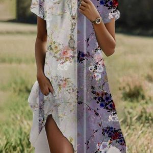 Women's Short Sleeve Summer Floral Dress Crew Neck Daily Going Out Casual Midi H-Line T-Shirt Dress, JustFashionNow Dresses, color:Purple|size:XXL,