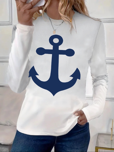Women's Long Sleeve Tee T-shirt Spring/Fall Anchor Printing Crew Neck Casual Graphic Tee Top, JustFashionNow T-Shirts, color:White|size:3XL - Image 2