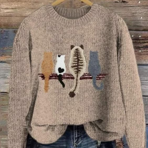 Women's Winter Cat Casual Long Sleeve Crew Neck Knitted Sweater, JustFashionNow Sweaters, color:As Picture|size:5XL,