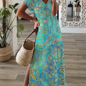 Women's Short Sleeve Summer Paisley Jersey Dress V Neck Daily Going Out Casual H-Line T-Shirt Dress, JustFashionNow Dresses, color:Green|size:XXL,