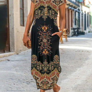 Plus Size Pocket Stitching Crew Neck Casual Loose Dress, JustFashionNow Dresses, color:Black|size:4X,